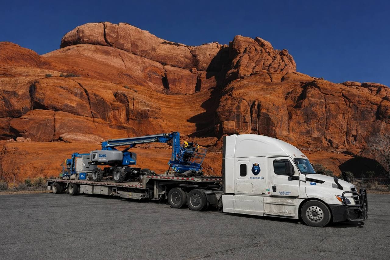 White Snowmen Express truck hauling boom lifts through a stunning red rock canyon