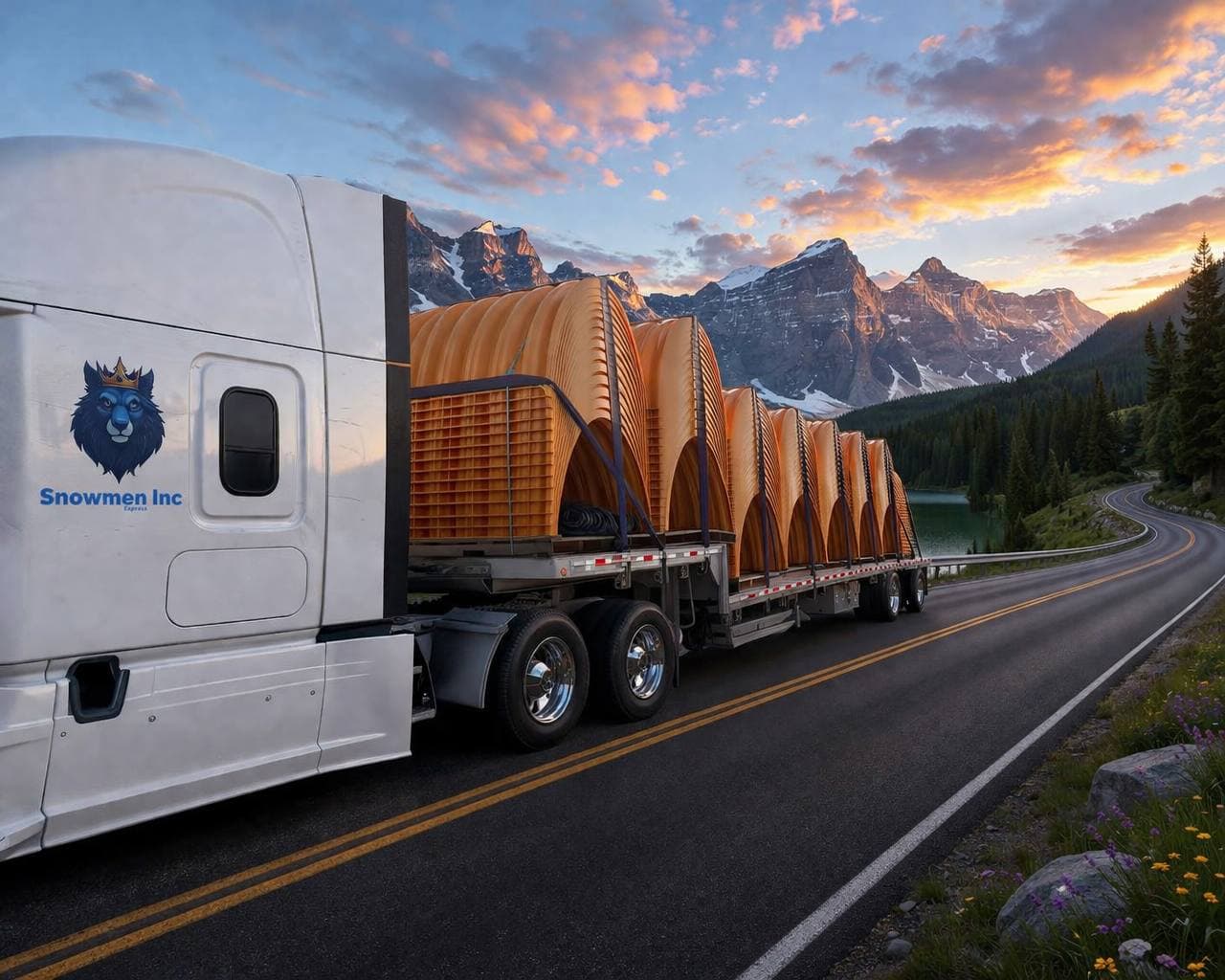 Snowmen Express truck hauling oversized cargo along a mountain road at golden sunset