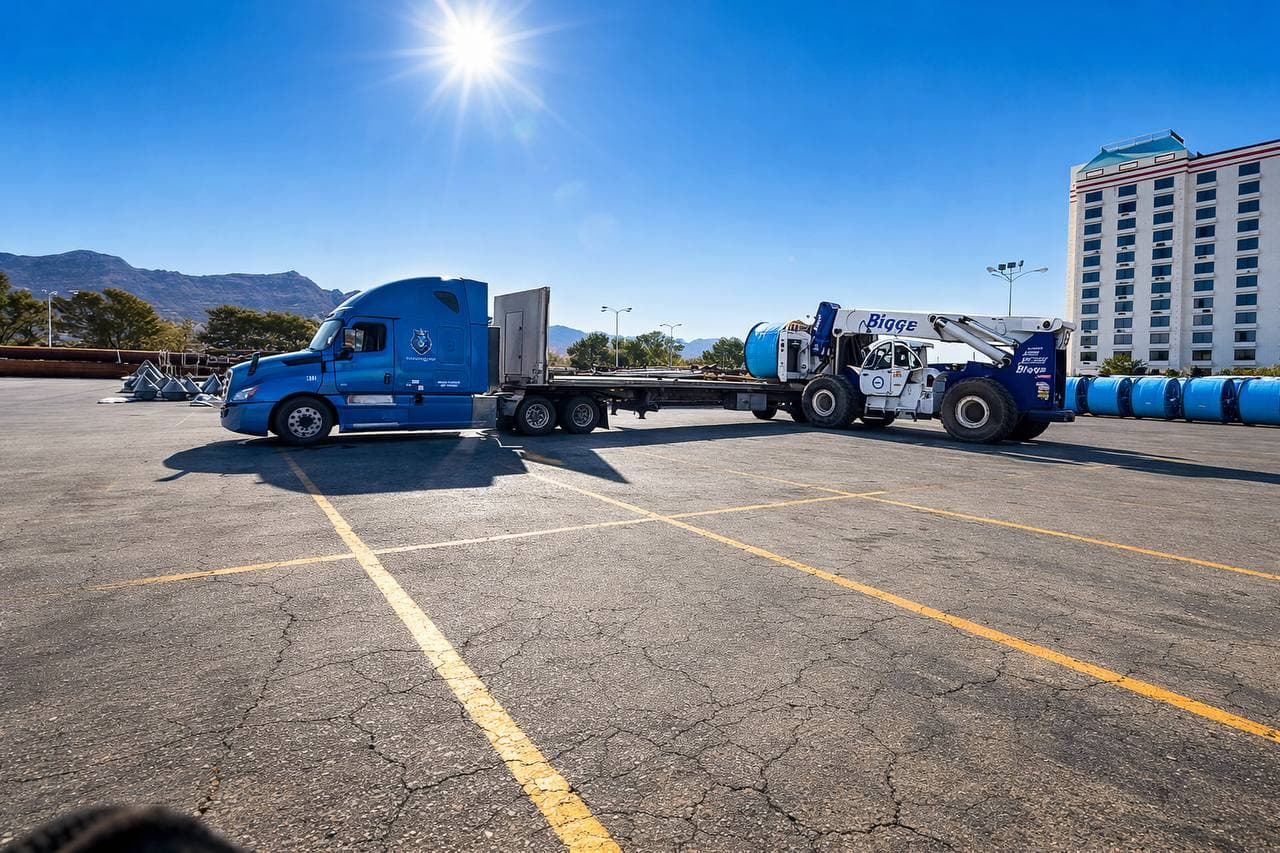 Blue Snowmen Express truck in a truck yard on a bright sunny day