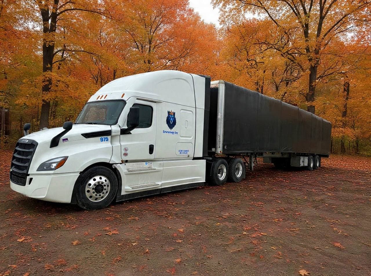 White Snowmen Express truck with covered trailer in a beautiful autumn forest with orange and red leaves
